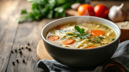 Steaming Bowl of Chicken Noodle Soup with Fresh Herbs and Vegetables on a Cozy Kitchen Table