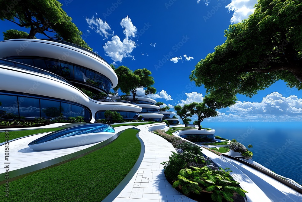 Poster futuristic floating city in a fantasy world, with advanced technology creating harmony between natur