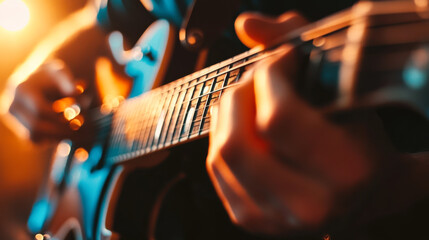 Fototapeta premium A musician passionately plays an electric guitar during a warm-lit live performance at a local venue in the evening