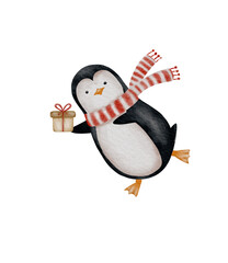 Fototapeta premium Colorful Celebration: Whimsical Penguin in Watercolor for Playful New Year and Holiday Decor