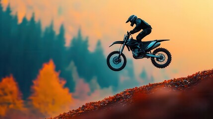Naklejka premium Rider catching air above a colorful autumn forest, red and orange leaves below, motocross, autumn, jump