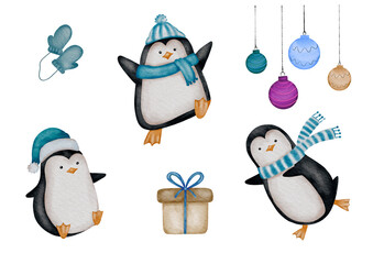 Playful Penguins: Whimsical Watercolor Illustration for Merry New Year and Festive Holiday Cheer
