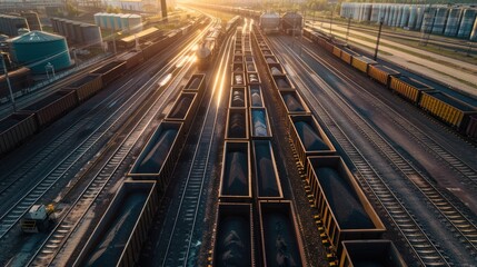 Aerial View of Coal-Filled Freight Cars on a Railroad Track