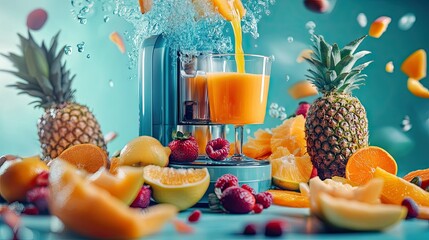 A modern juicer machine surrounded by a colorful array of fresh fruits, with vibrant juice flowing into a glass, highlighting a healthy lifestyle.