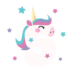 birthday illustration for a greeting card with cute unicorn  five number flat cartoon style 