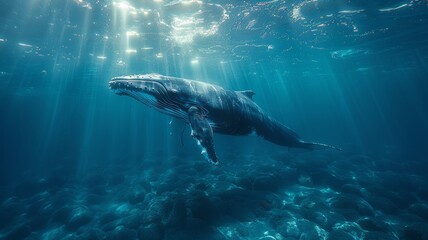 Fototapeta premium A simple, elegant silhouette of a whale swimming against a vast, empty ocean, with the whale rendered in a single, solid color