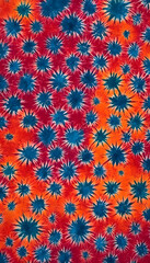 Vibrant tie-dye pattern with red, blue, yellow, and purple colors.