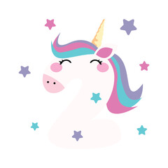 birthday illustration for a greeting card with cute unicorn  two number flat cartoon style 