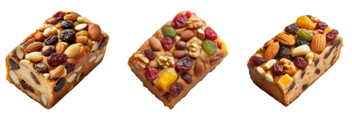 Set of Fruitcake with nuts and dried fruit isolated on a transparent background