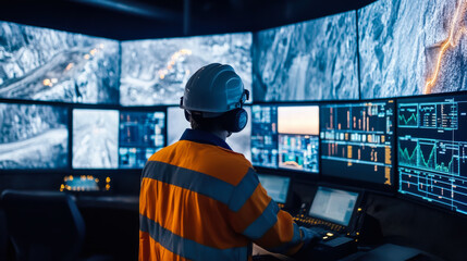 Mining engineers monitor operations in a control room while overseeing activities underground during nighttime hours