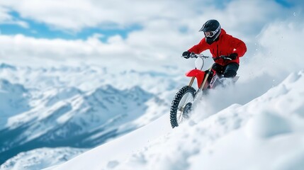Motocross biker performing a wheelie on a snow-capped mountain pass, extreme and cold, motocross, wheelie, snow