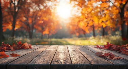 Rustic wooden table in a serene autumn landscape with vibrant orange and golden leaves
