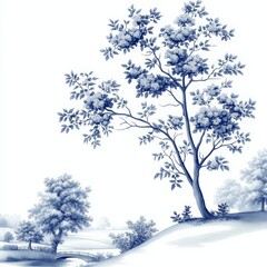 Serene Toile de Jouy Inspired Landscape of Rural French Countryside Scenery in Winter