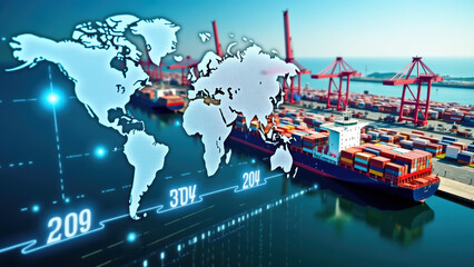 Bright and Clear Illustration of a Bustling Harbor with Trade Routes and Cargo Information