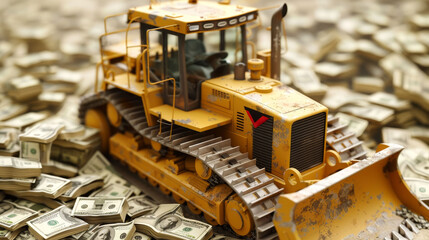 Bulldozer on money, symbolizing wealth and construction, white isolate background