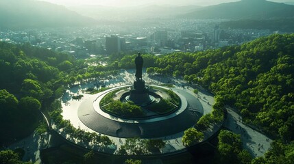 A bird's-eye view of the Nagasaki Peace Park, with the iconic Peace Statue symbolizing hope for a peaceful future.