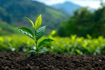 Green Tea Plant Sprout in Coffee Plantation Field. AI generated illustration