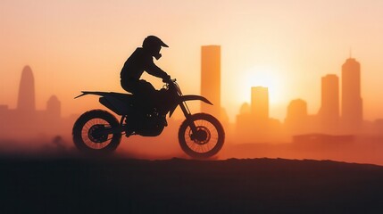 Fototapeta premium Rider navigating through a cityscape at dawn, buildings and roads blending, motocross, cityscape, dawn