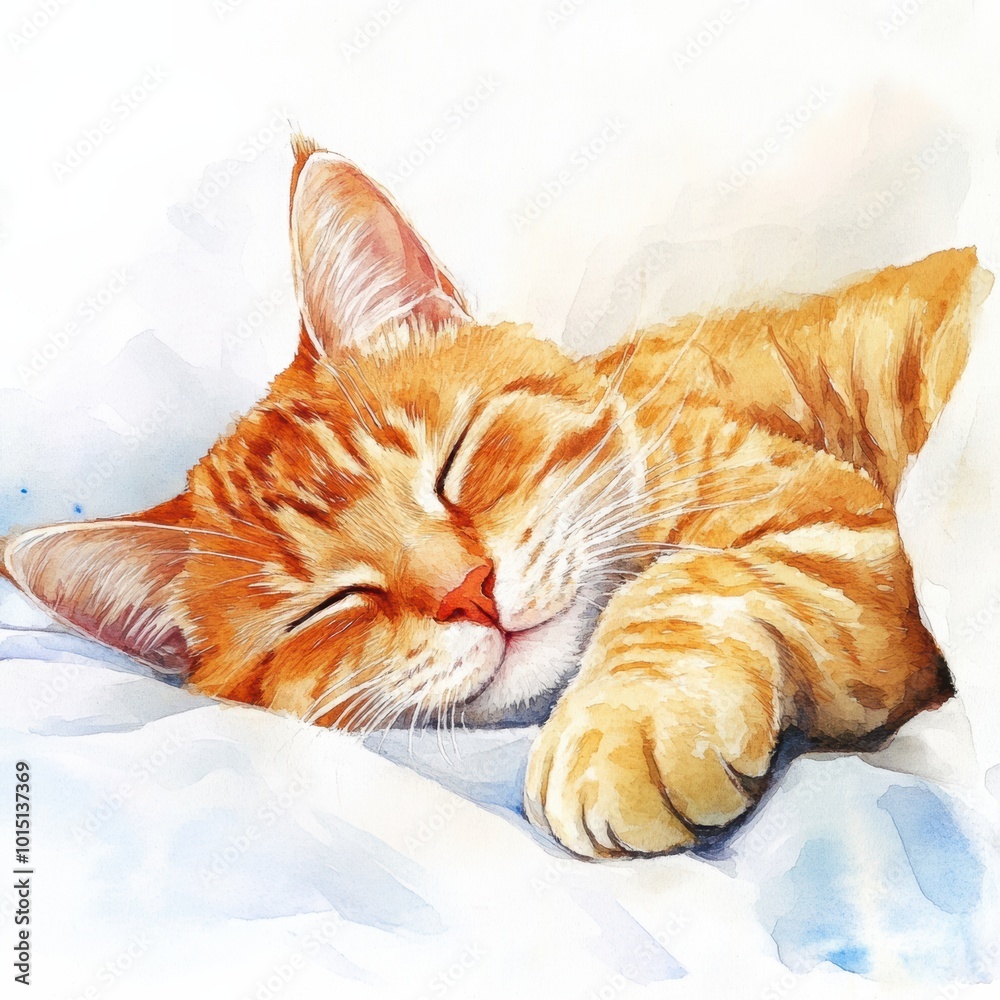 Poster a peaceful orange tabby cat sleeping soundly on a soft bedspread with a white backdrop in a cozy, tr