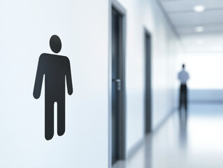 Fototapeta premium silhouette figure stands in hallway, with restroom sign visible on wall. blurred background creates sense of depth and focus on sign