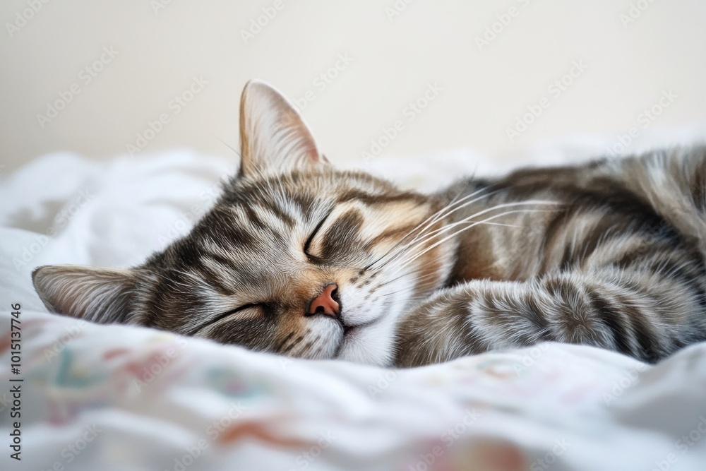 Poster a peaceful sleeping cat nestled on a cozy bedspread with a soft white background, capturing a serene
