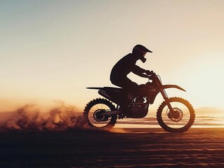 Motocross rider cruising on a beach at sunrise, waves crashing nearby, motocross, beach, sunrise