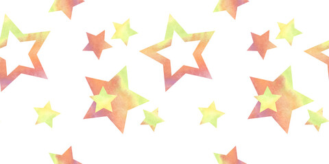 Fototapeta premium Watercolor Christmas pattern with gold stars . Watercolor illustration of Christmas tree toy . Suitable for New Year party, invitations, cards, decorations, packaging, wrapping paper, gift boxes