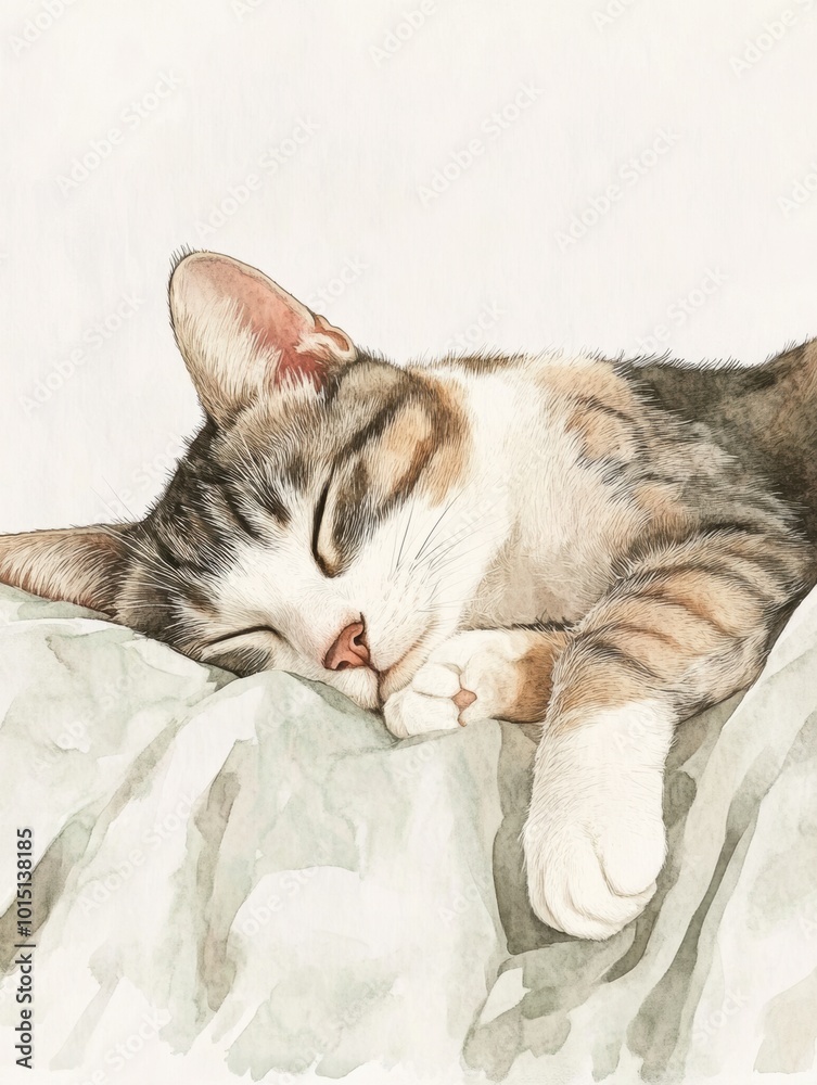 Poster a peaceful sleeping cat rests comfortably on a soft bedspread against a white background during a tr
