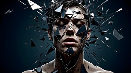 The head of an abstract figure dissolves into particles, symbolizing a mental breakdown and chaos. AI-generated	