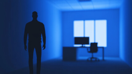 Fototapeta premium silhouette of person stands in dimly lit room, creating mysterious atmosphere. blue lighting enhances sense of intrigue, with desk and computer visible in background