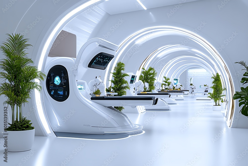 Aufkleber futuristic healthcare facility with advanced ai and robotic surgery systems, showing how technology 