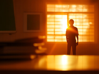 Obraz premium silhouette of person stands in room illuminated by warm sunlight streaming through window, creating serene and contemplative atmosphere