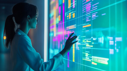A young woman interacts with a futuristic digital interface displaying data visualizations in a modern workspace at night