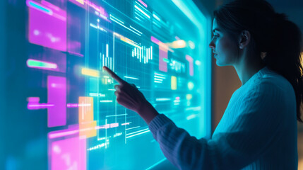 A young woman interacts with a futuristic digital interface displaying data visualizations in a modern workspace at night
