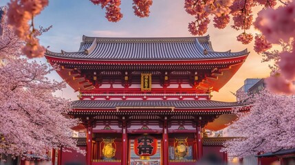 A close-up view of the intricate architecture of the Asakusa Shrine in Tokyo, framed by blossoming cherry trees.