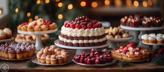 Festive dessert table with a variety of cakes, pastries, and fru