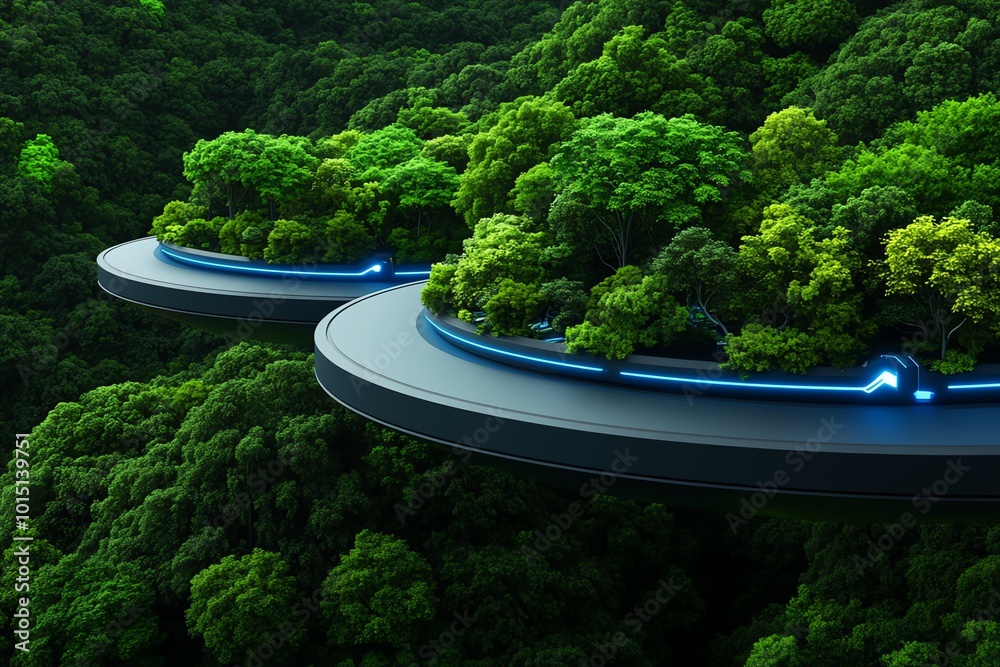 Poster futuristic landscape of a floating city above a forest, with advanced technology and glowing lights 
