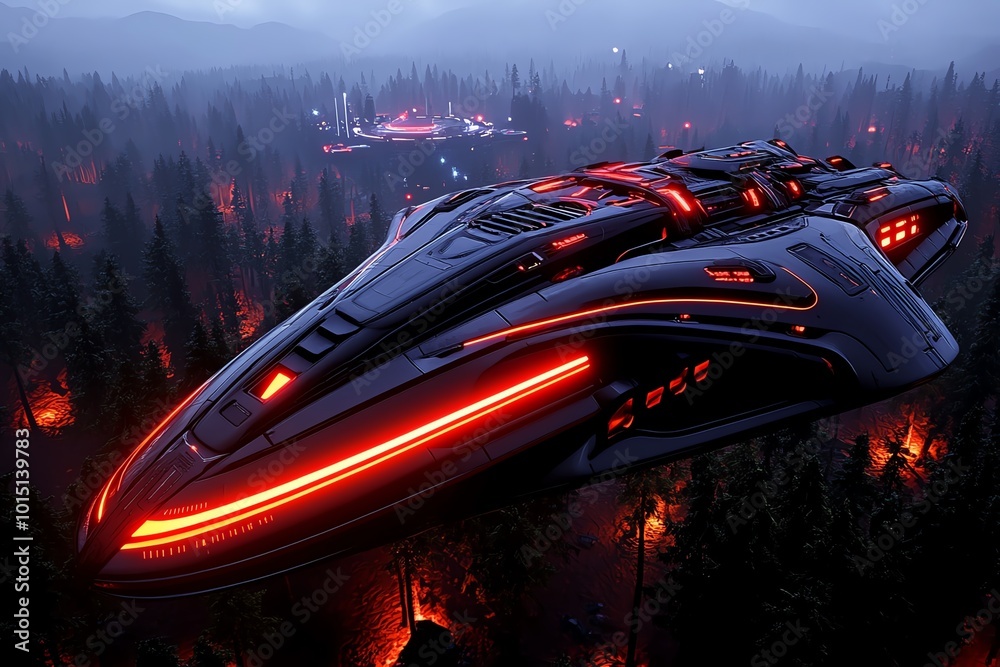 Poster futuristic landscape of a floating city above a forest, with advanced technology and glowing lights 