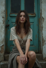 Fototapeta premium Girl sitting on the steps