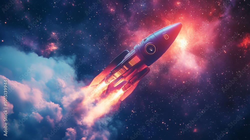 Poster a futuristic spaceship is shown ascending through a dark, starry sky. the spaceship has a blue exter