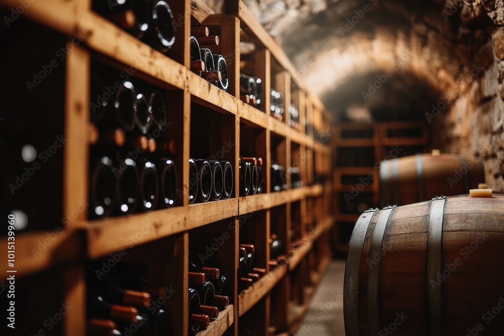 Aufkleber Exploring a rustic wine cellar filled with wooden barrels and neatly arranged bottles on shelves. Generative AI