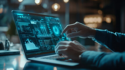 A person interacts with a futuristic interface on a laptop in a modern workspace during early evening hours