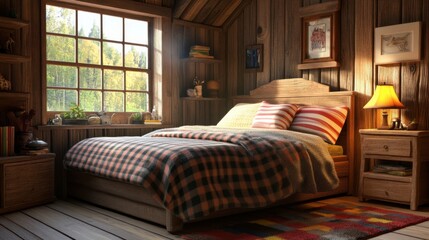 A cozy cartoon bed with a checkered blanket and striped pillows, placed in a charming, rustic cartoon cabin.