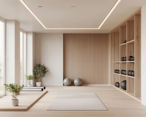 Minimalist fitness room with integrated shelving, white equipment, and linear ceiling lighting, fitness room, integrated shelving, linear lighting