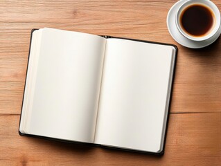 open notebook, diary on the table in leather cover, top view,  with blank loose pages, photo