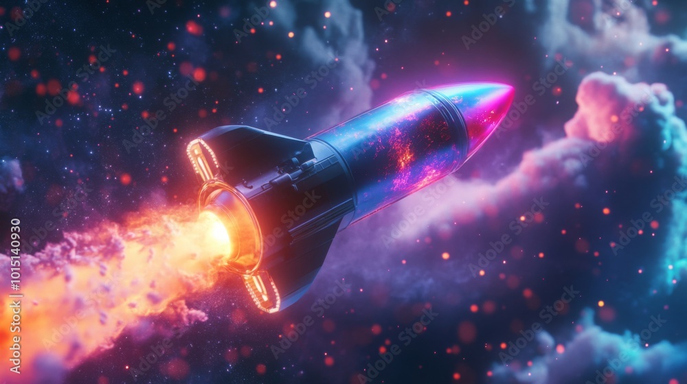 Leinwandbilder a rocket blasts off against a stunning cosmic backdrop, surrounded by colorful nebulae and sparkling