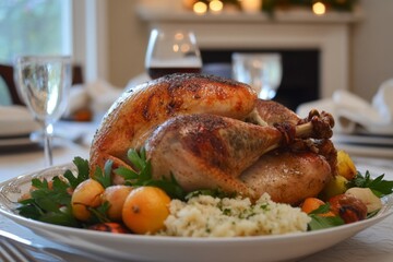 Fototapeta premium thanksgiving food on the dining table with turkey as the main dish