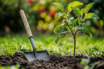 Shovel and planted apple tree on a garden background with copy space. Gardening concept background.