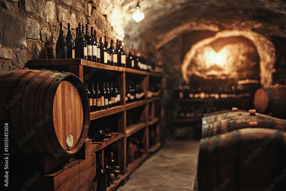 Poster explore a rustic wine cellar showcasing wooden barrels and meticulously arranged wine bottles under 