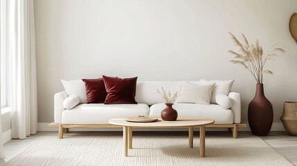 A white couch with red velvet throw pillows sits in front of a blank white wall. There is a large brown vase with dried grass beside it